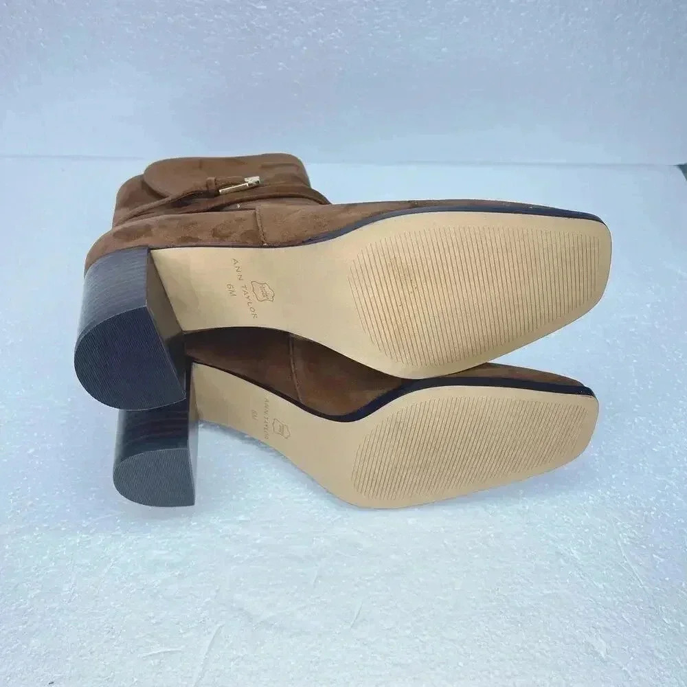 Ann Taylor Wraparound Buckle High Block Heel Suede Boots size 6 New Dark Maple - Picture 7 of 11